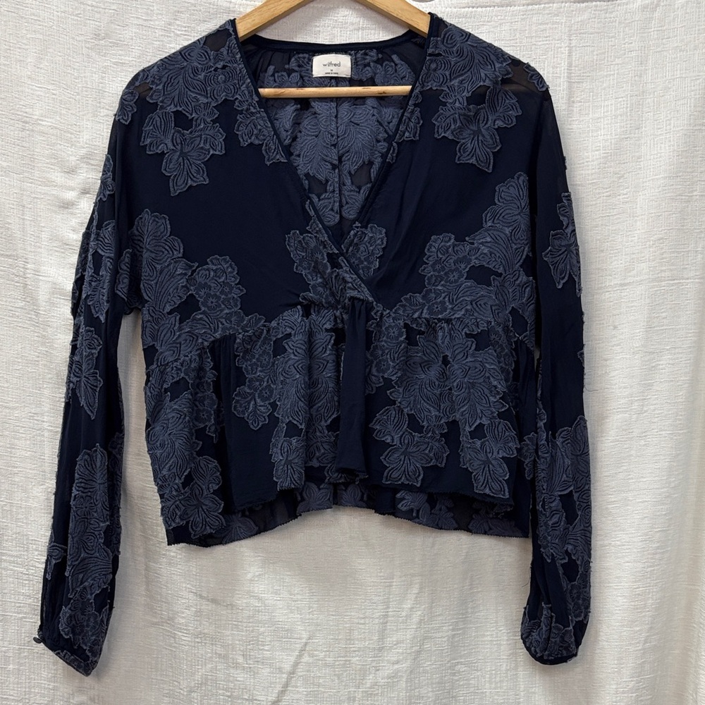 Wilfred Navy Blue Chiffon and Lace Wrap Blouse – Size Medium